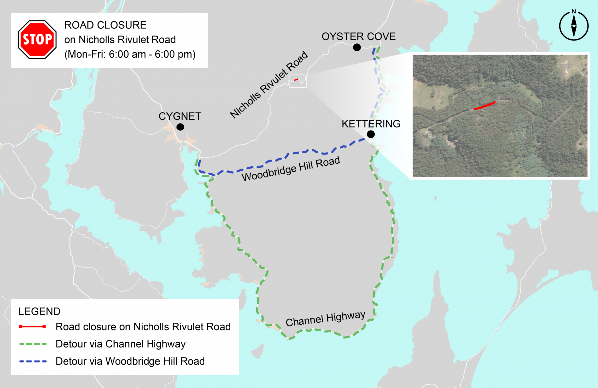 An illustrated map showing the Nicholls Rivulet road closure