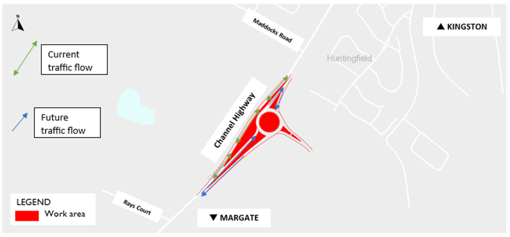 An illustrated map showing the temporary traffic changes at the Huntingfield project site February 2024