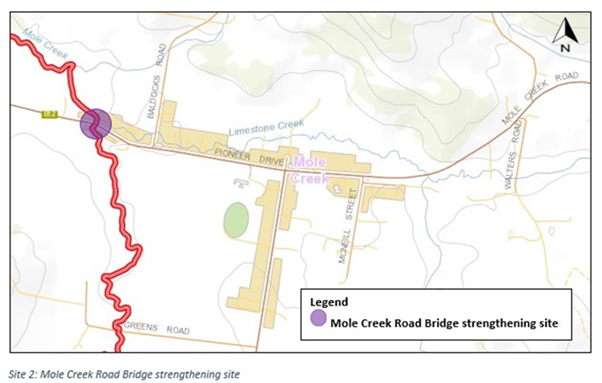 Mole Creek Road Bridge map Feb 2024