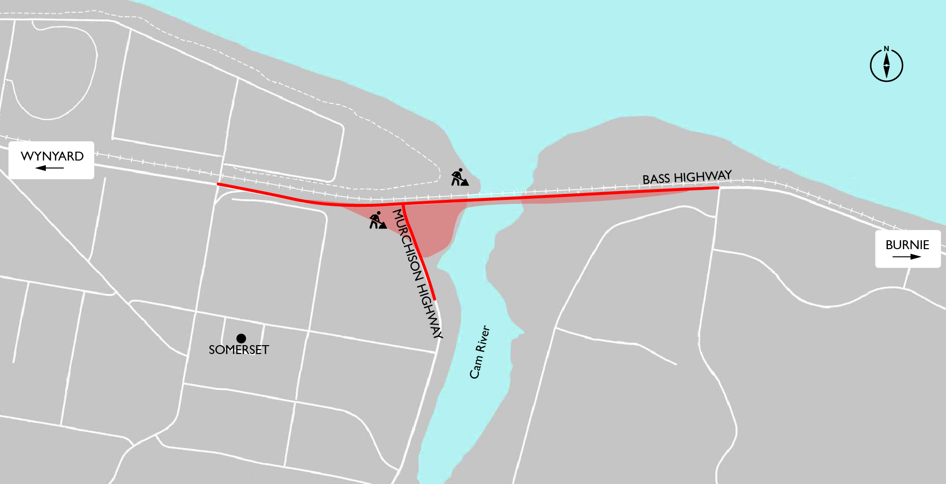 A map showing the location of the works for the Cam River Bridge replacement and Murchison Highway signalisation project. The total project area includes the Bass Highway, between Falmouth Street and East Cam Road, and a short section of the Murchison Highway, between Bass Highway and Simpson Street