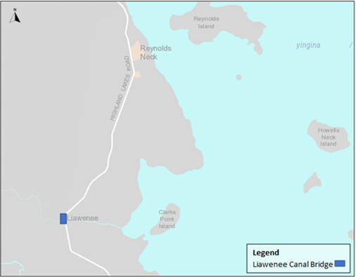 Liaweenie Canal Bridge map Feb 2024