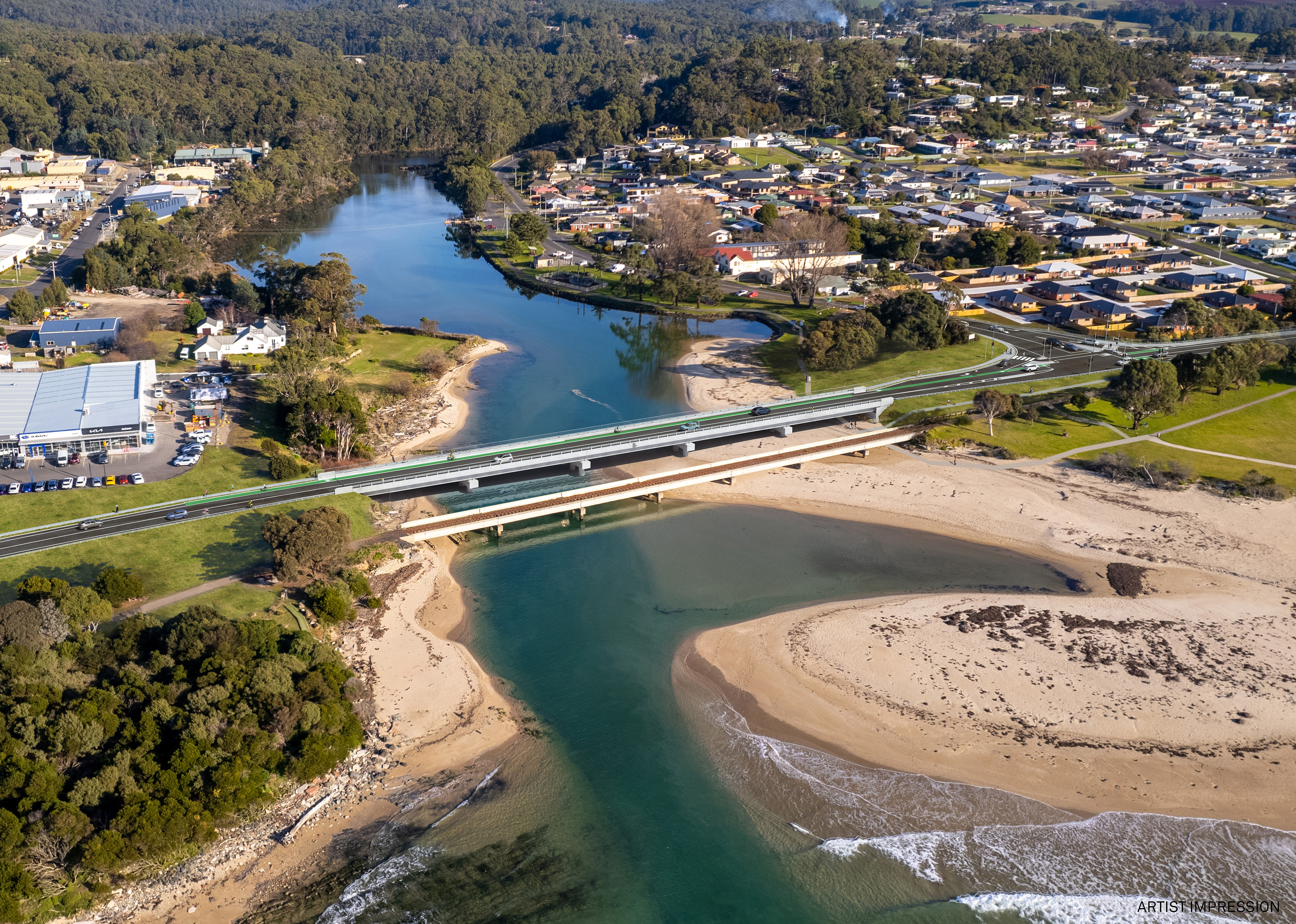 Drone view of Cam River Bridge with artist impression of the replacement bridge