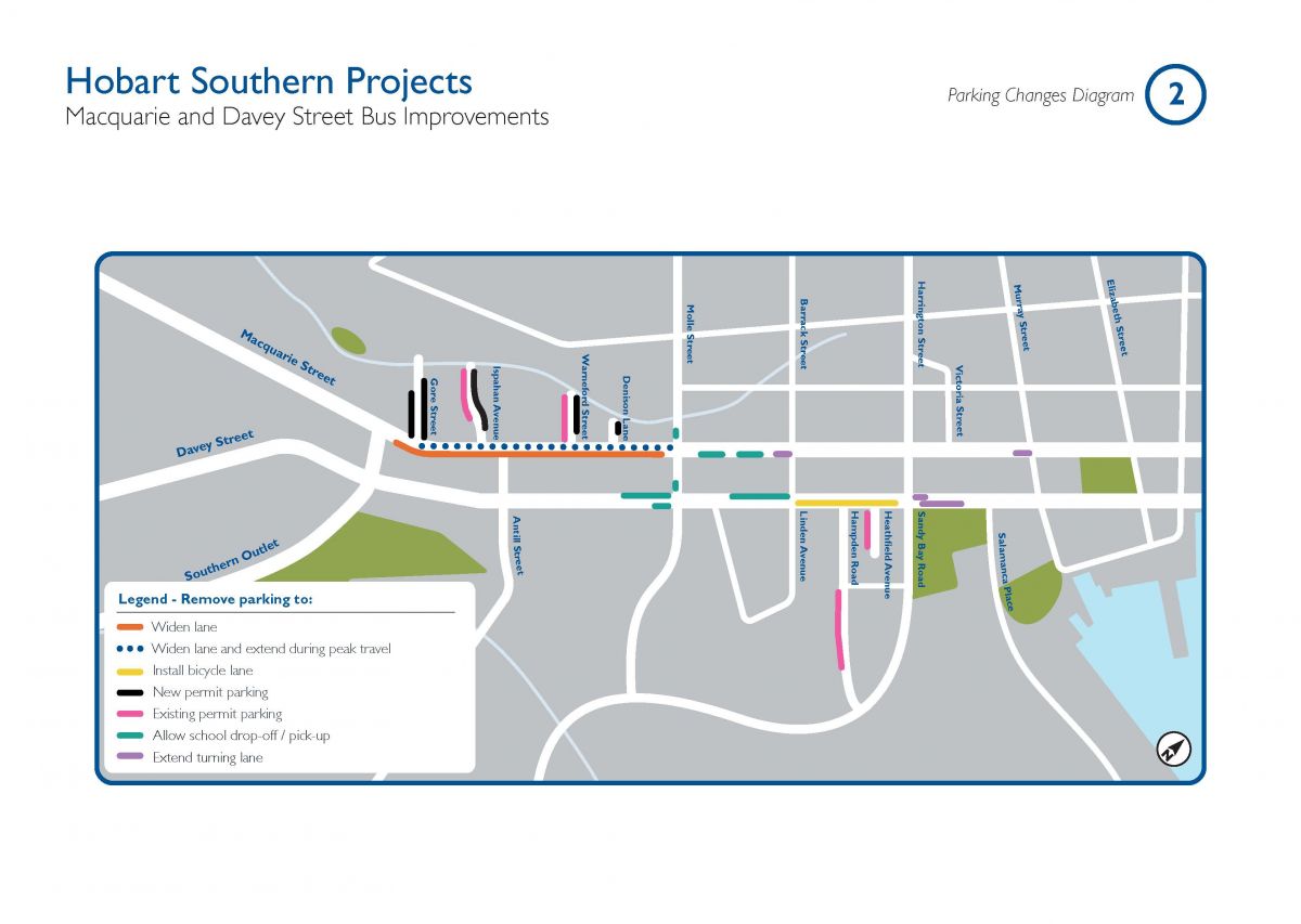 An illustrative map showing Macquarie and Davey Street parking changes
