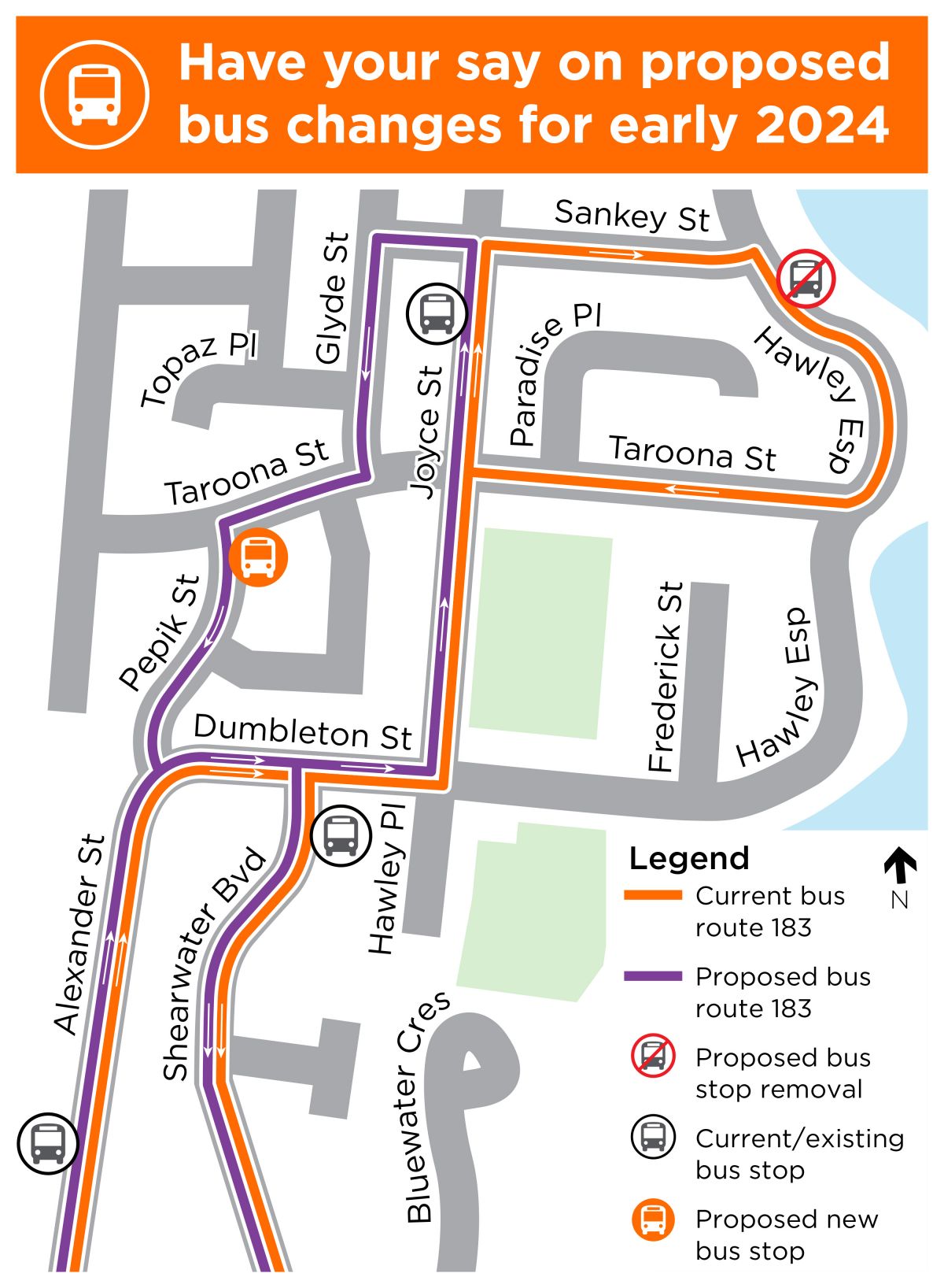 Map showing a new bus route travelling through Hawley Beach via Glyde Street, Taroona Street and Pepik Street instead of Hawley Esplanade.
