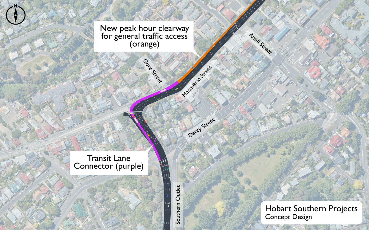 A map showing the Transit Lane connector, which will add a new lane from the intersection of Southern Outlet and Davey Street, on to Macquarie Street. At Gore Street the new lane will connect to a new peak-hour clearway on Macquarie Street.
