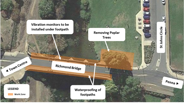 An aerial image showing the Richmond Bridge wtih labels indicating where work will take place